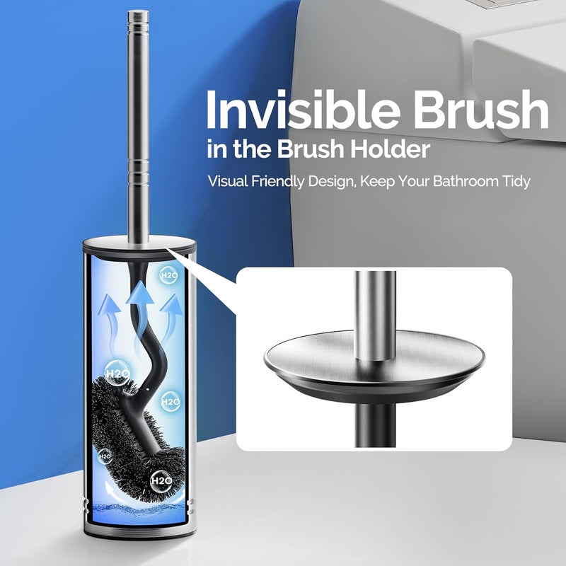 HAMITOR Toilet Brush and Holder Set: 304 Stainless Steel Rustproof Toilet Scrubber with Under Rim Deep Cleaning Curved Bristle - Bathroom Cleaner Brush for Renters Homeowners Family Silver 2 Pack - Image 4